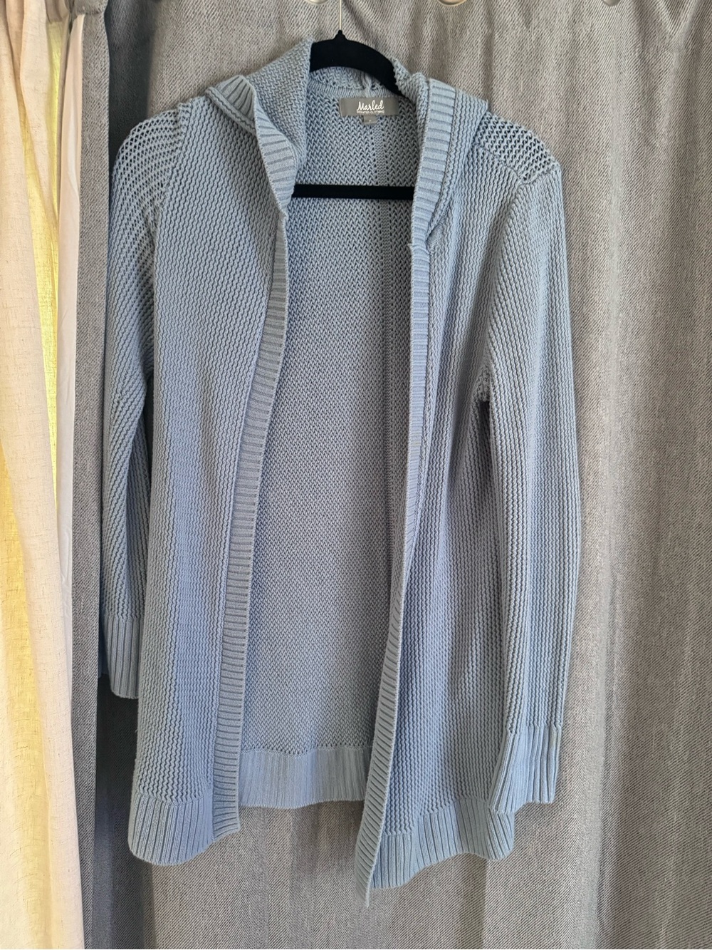 Marled Light Blue Hooded Open-Front Knit Cardigan
